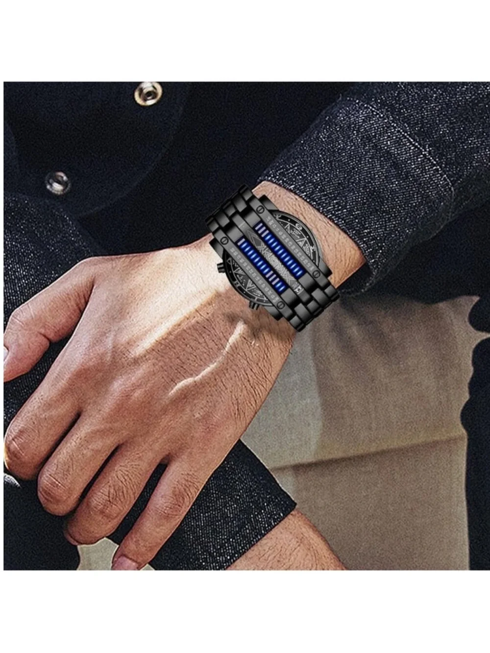 Men's Black Blue Analog Quartz Bracelet Waterproof Binary Matrix Digital Watch